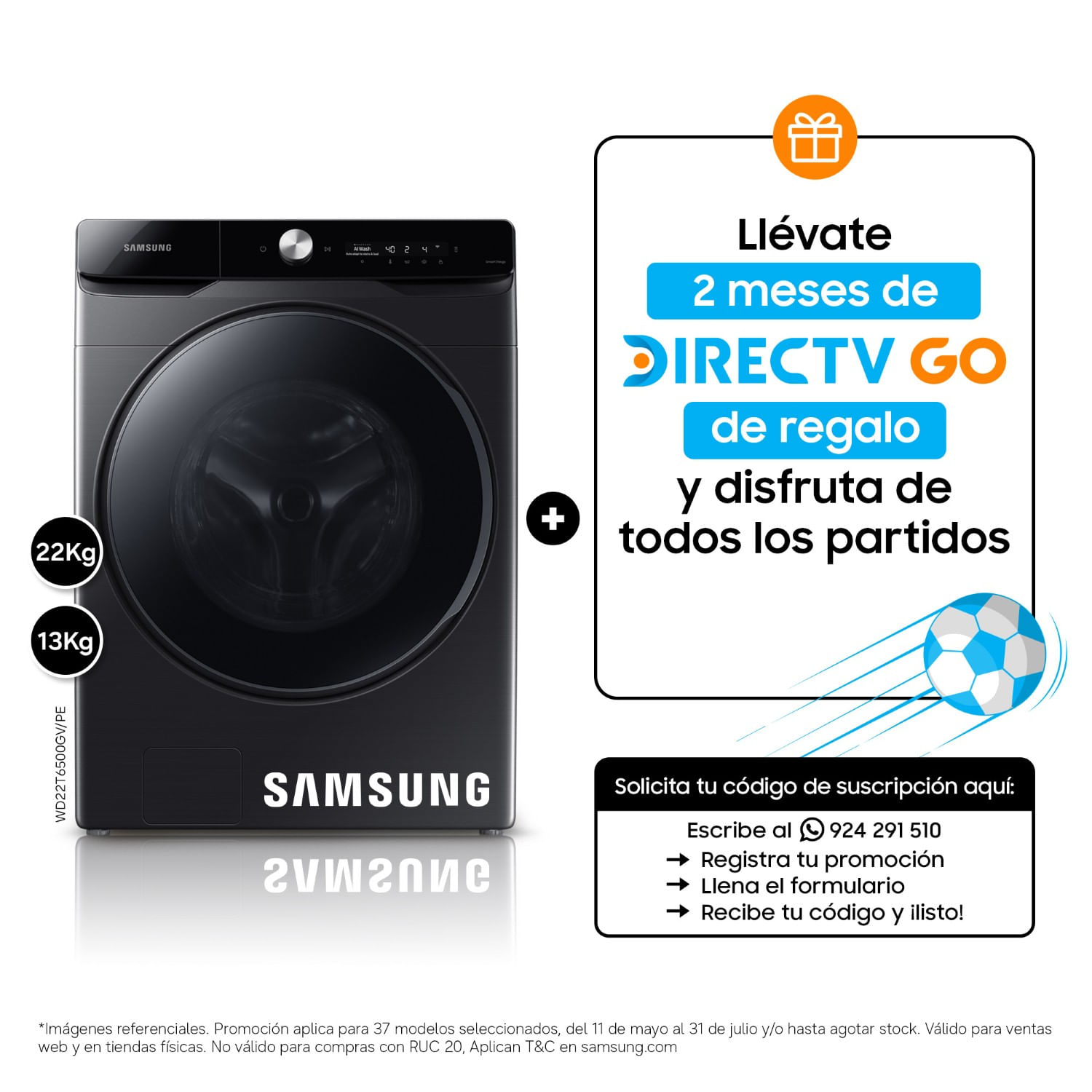 Lavaseca AI Control 22 kg / 13 kg WD22T6500GV/PE Negra