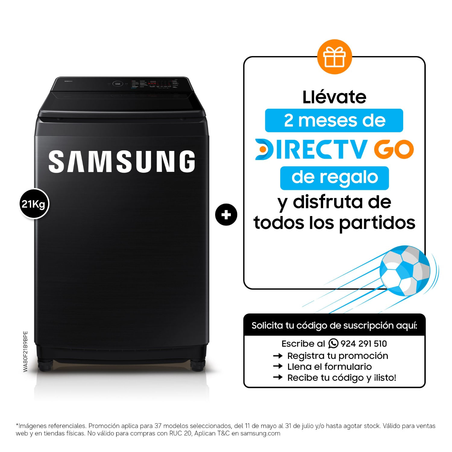 Lavadora Samsung AI Wash EcoBubble™ 21kg Negra WA80F21B9BPE