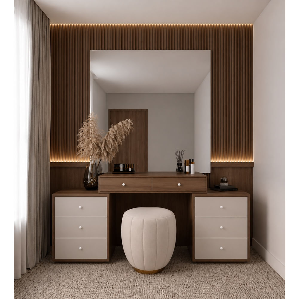 Tocador Moderno Kyoto TU MESITA con Espejo XL y Wallpanel Listonado Gales y CapriCanto Grueso