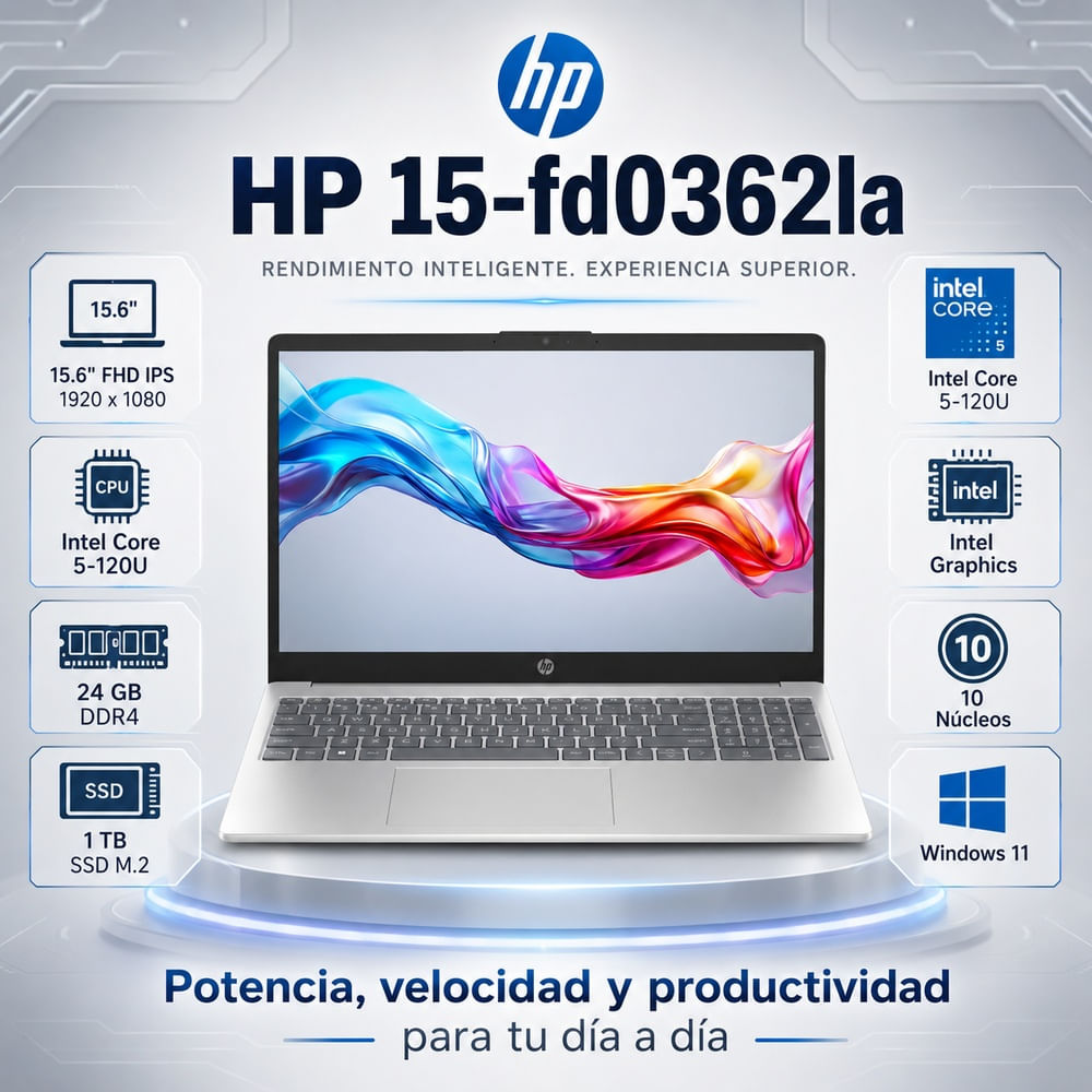 Laptop HP 15.6  FHD Intel Core 5 120U 24GB RAM 1TB SSD Windows 11 Pro 15-fd0362la