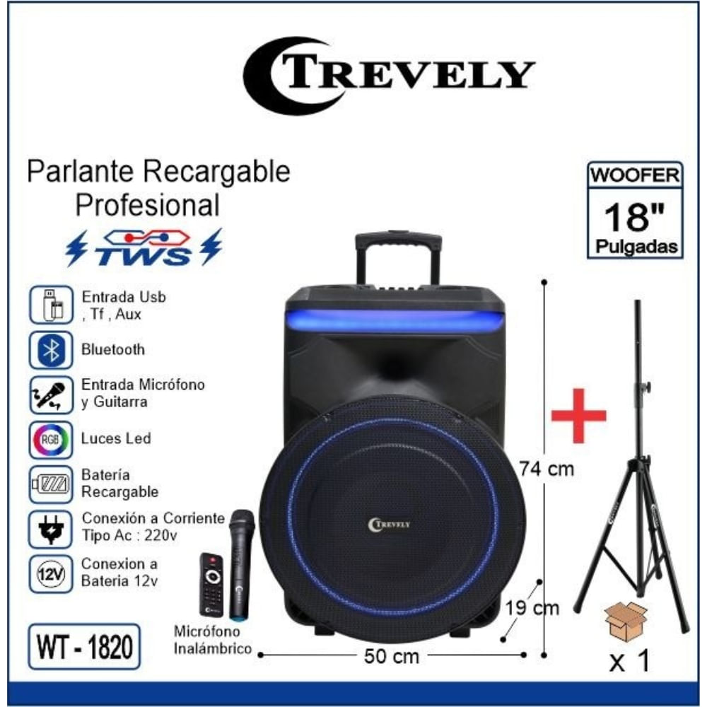 Parlante Activo 18 TREVELY WT-1820 800W + Tripode