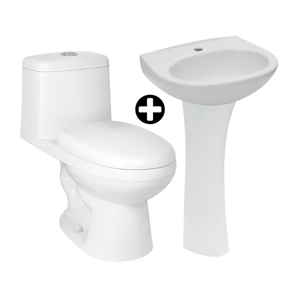 COMBO Trebol: Inodoro One Piece Savona Pro Blanco Pd As Sd + Lavatorio Ovalado de Loza Máncora Blanco + Pedestal Universal Loza Blanco 68x19.5x16cm