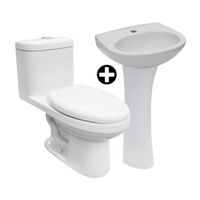 COMBO Trebol: Inodoro One Piece Savona Vortex Blanco Pd As Sd + Lavatorio Ovalado de Loza Máncora Blanco + Pedestal Universal Loza Blanco 68x19.5x16cm