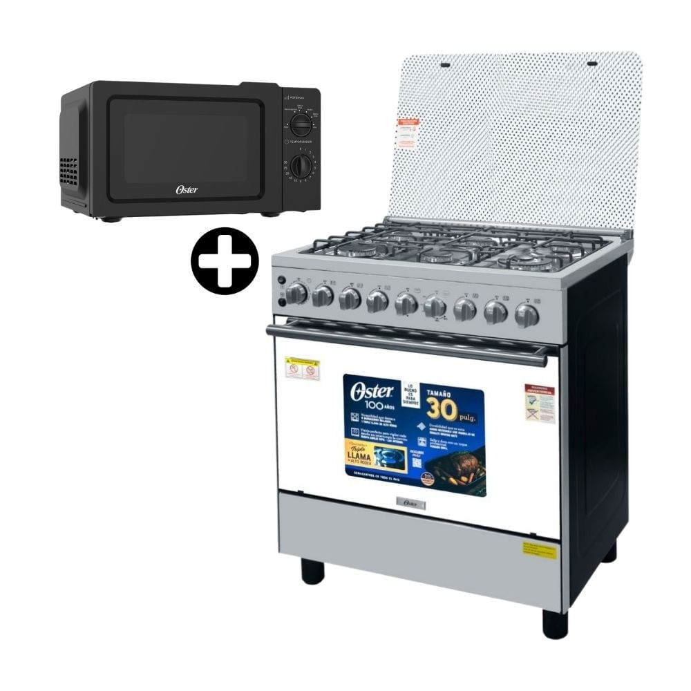 COMBO Oster: Cocina de pie OS-PGSGC30061GISM 30"" Acero Inoxidable + Horno Microondas POGG1702 17L Negro