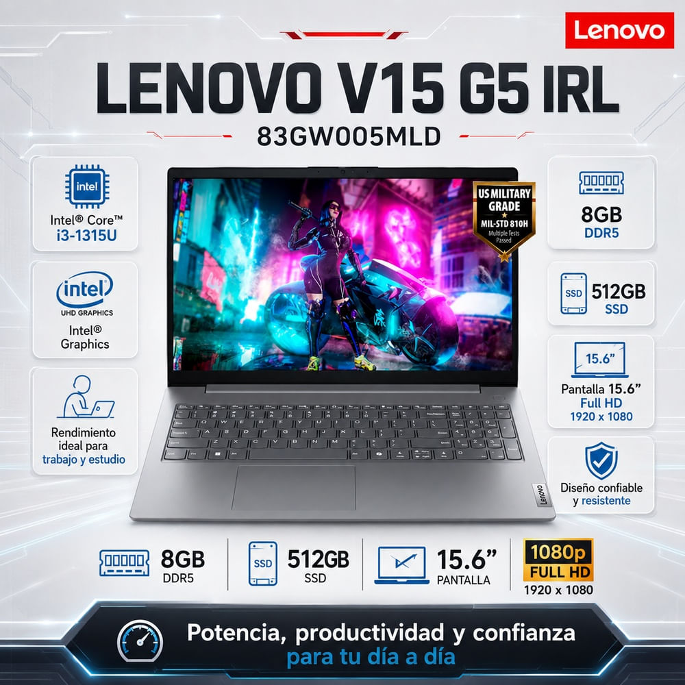 Laptop Lenovo V15 G5 IRL 15.6 FHD TN Core i3-1315U 8GB DDR5 512GB SSD Intel UHD FreeDOS 83GW005MLD