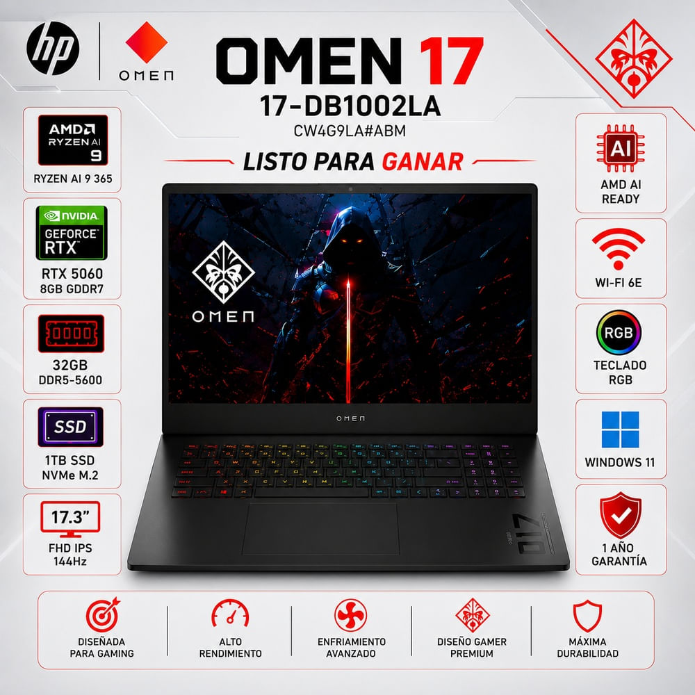 Laptop Gamer HP OMEN 17.3 FHD IPS 144Hz Ryzen AI 9 365 32GB DDR5 1TB SSD RTX 5060 8GB 17-db1002la