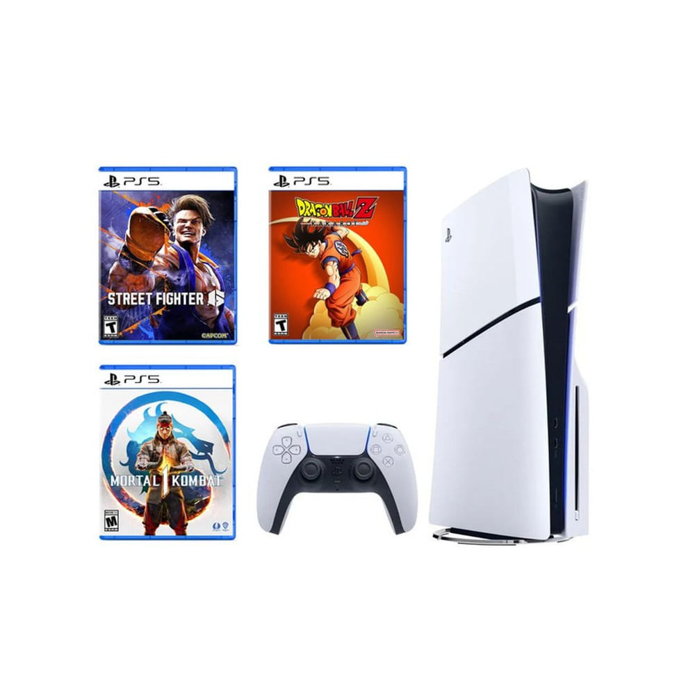 Consola Ps5 Slim Lectora de Discos + Mortal Kombat 1 + Street Fighter 6 + Dragon Ball Z Kakarot