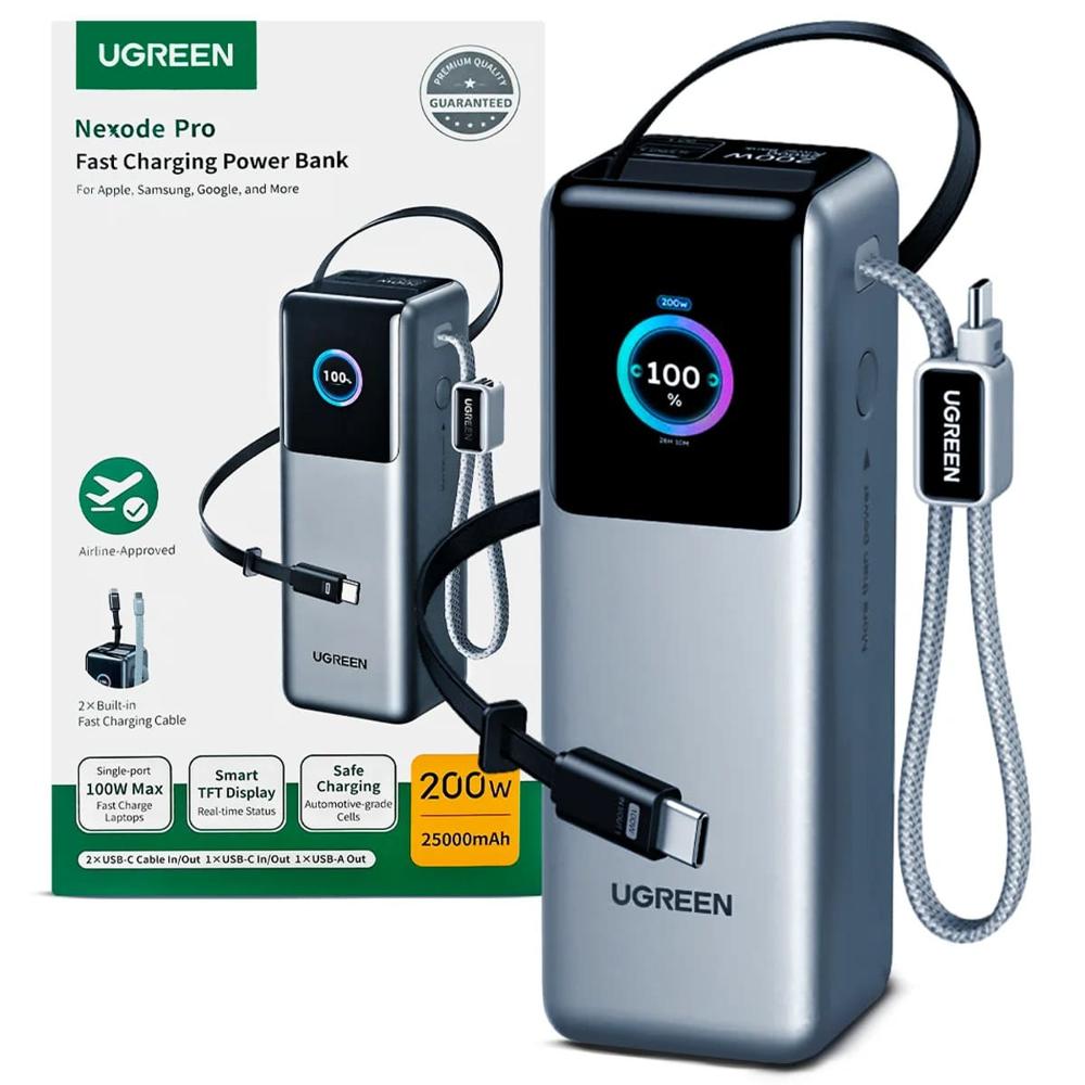 Power Bank Ugreen 200W 25000 mAh PB728 Nexode Pro 4 en 1 Cable Integrado