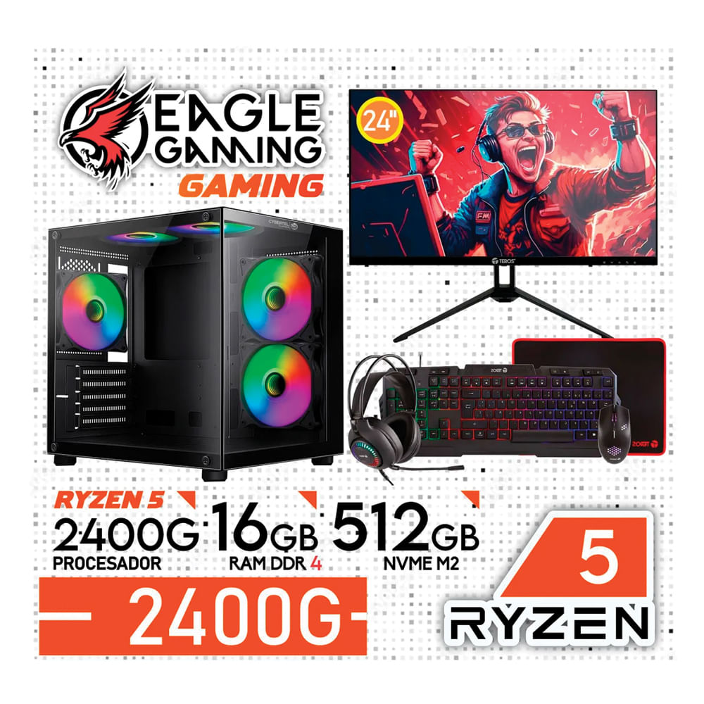 COMPUTADORA PC GAMER RYZEN 5 2400G RAM 16GB SSD 512GB Monitor 24 con KIT GAMER TEROS