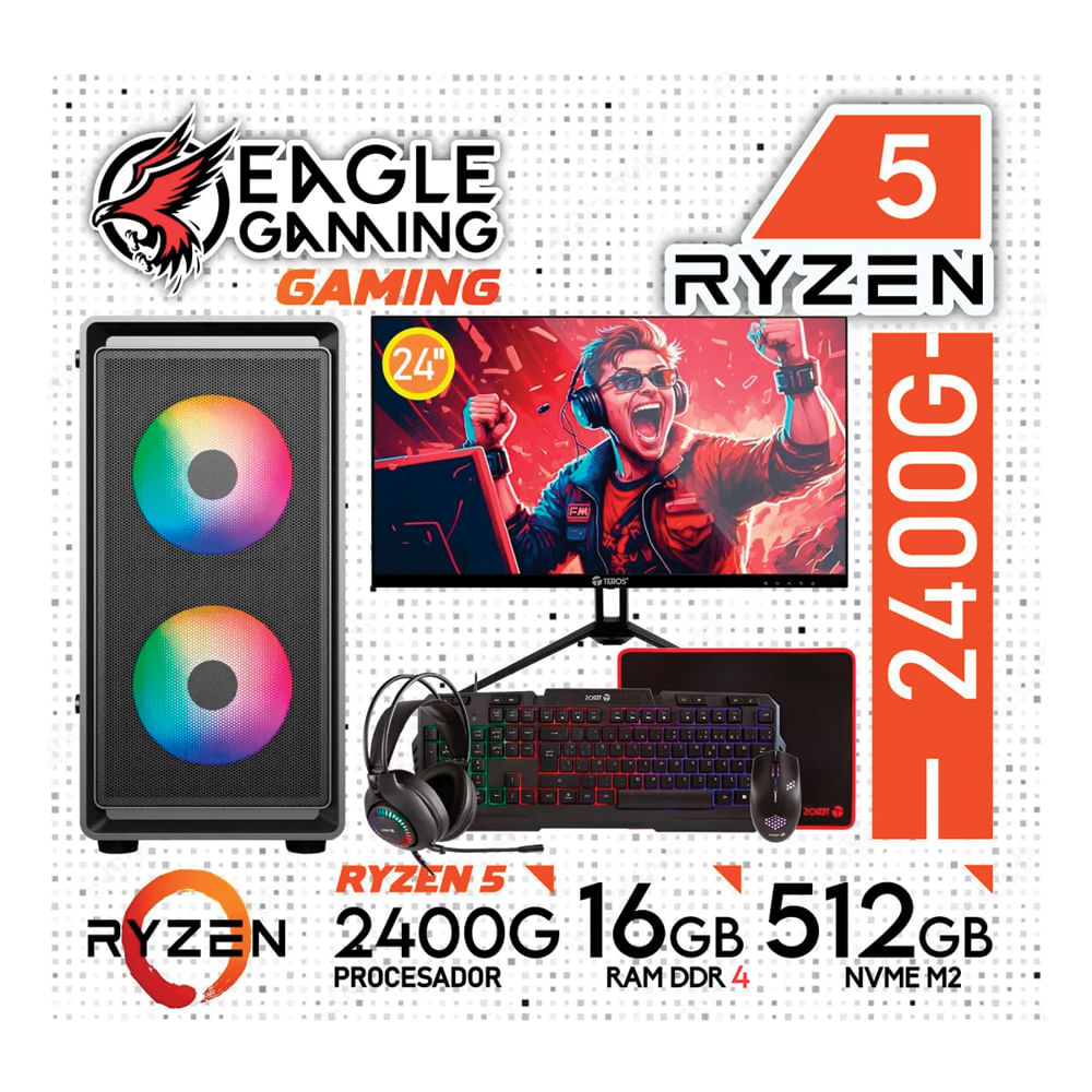 Computadora PC GAMER RYZEN 5 2400G RAM 16GB SSD 512GB Monitor 24 con KIT Gamer