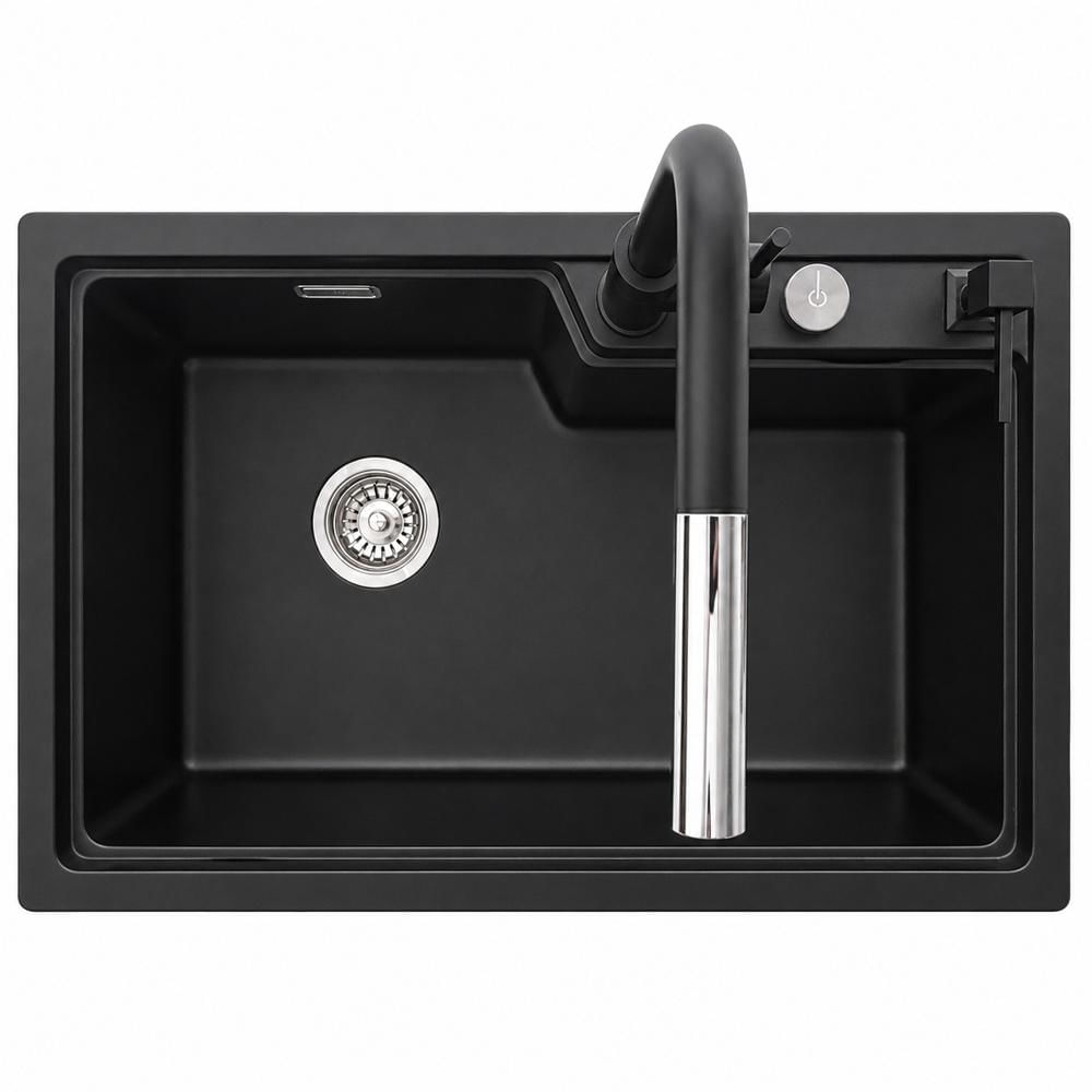 Lavadero de Cuarzo 75x47cm HILIVING Con Grifo Control de Drenaje y Dispensador de Detergente Líquido