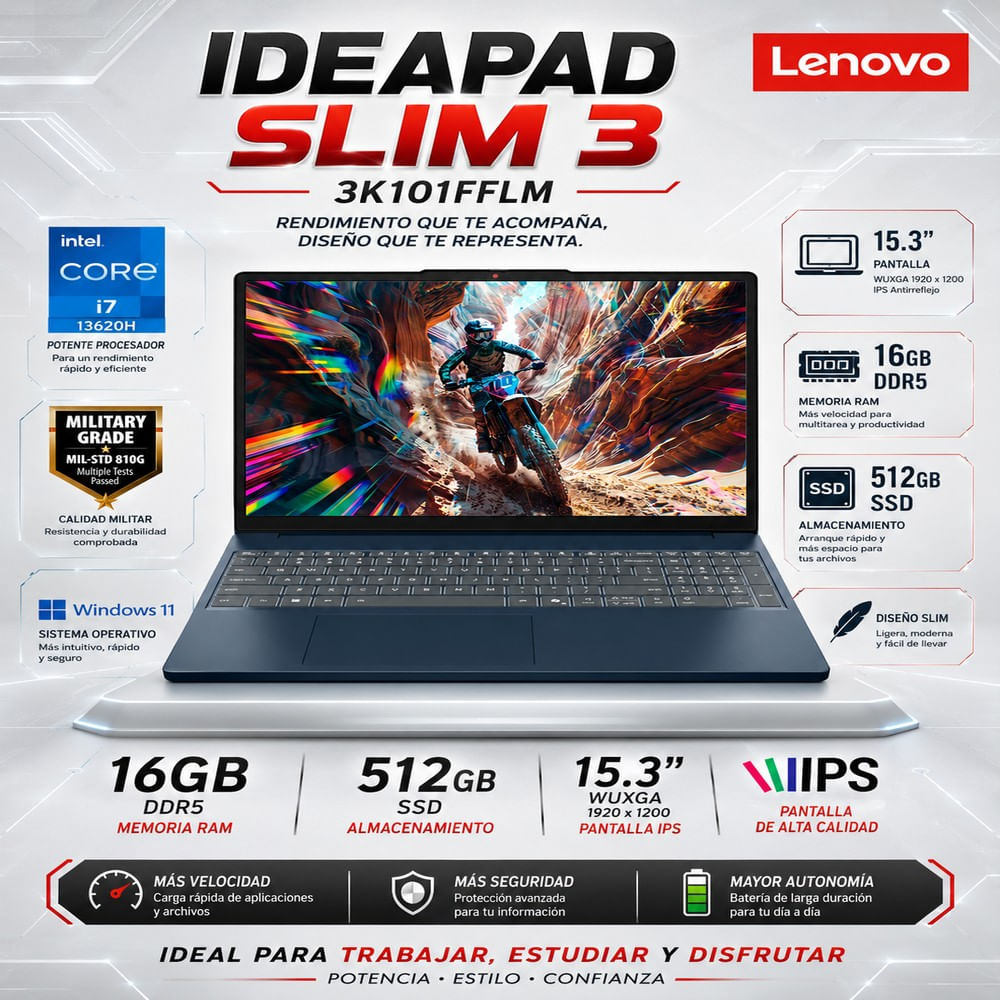 Laptop Lenovo IdeaPad Slim 3 15IRH10 Core i7-13620H 16GB 512GB SSD 15.3  WUXGA 83K101FFLM
