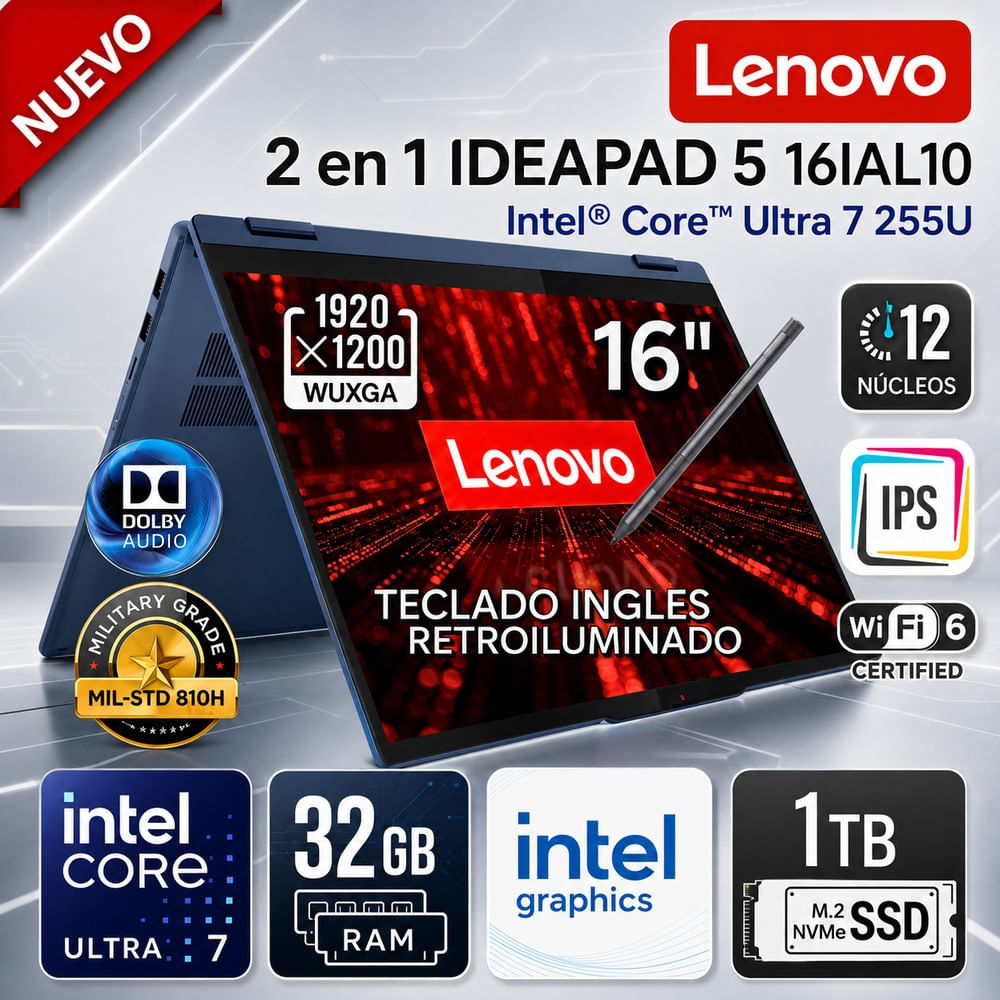 Laptop Lenovo IdeaPad 5 2 en 1 Intel Core Ultra 7 255U 32GB RAM 1TB SSD 16 WUXGA Touch 83KS001BUS