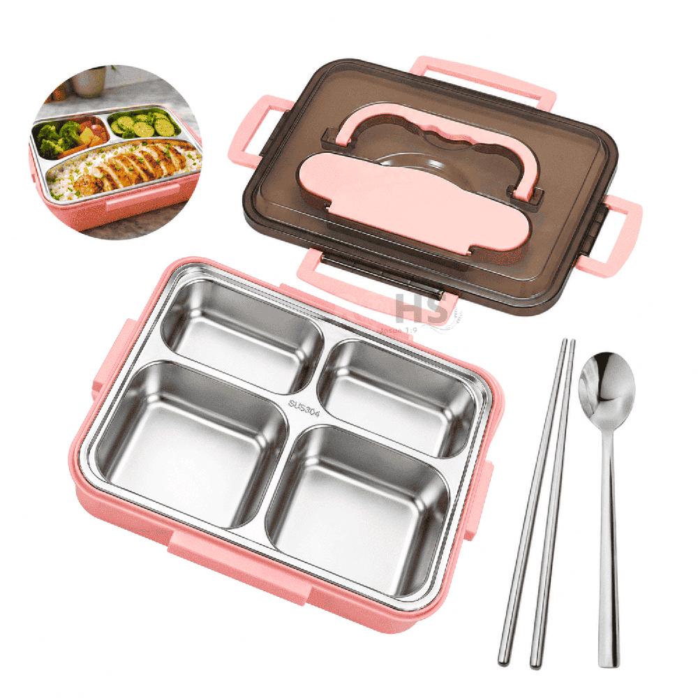 Tupper De Acero Inoxidable Rosa Con Cuchara Y Dos Palitos Compartimentados