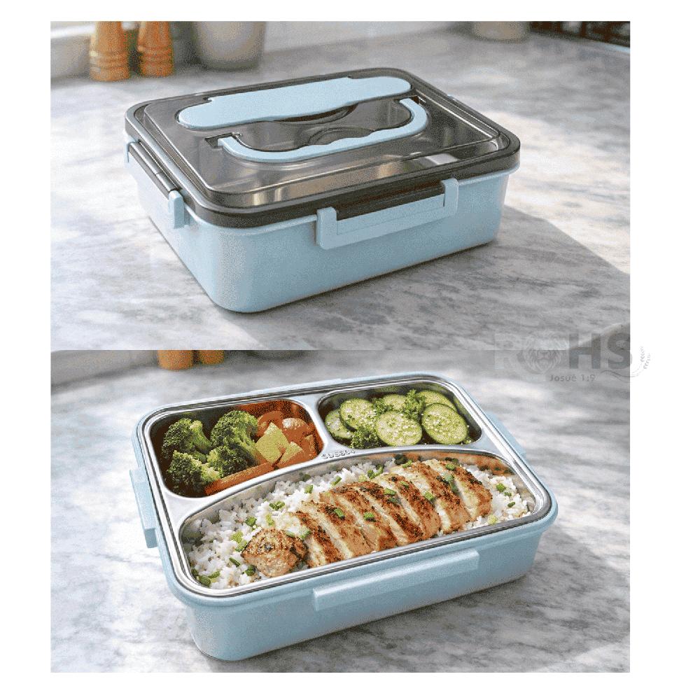 Tupper De Acero Inoxidable Con Dos Palitos Compartimentados Y Cuchara