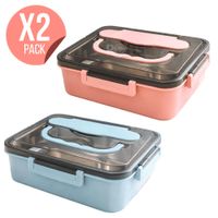 Pack X2 Tupper De Acero Inoxidable Con Compartimientos Cuchara Y Palitos