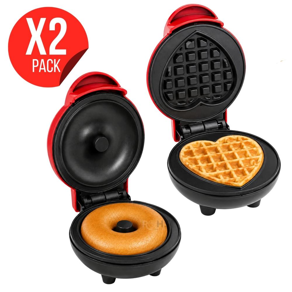 Pack X2 Máquina Para Dona Y Waffle De Corazón Antiadherente Eléctrica