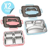 Pack X2 Tupper De Acero Inoxidable Con Compartimientos Cuchara Y Palitos