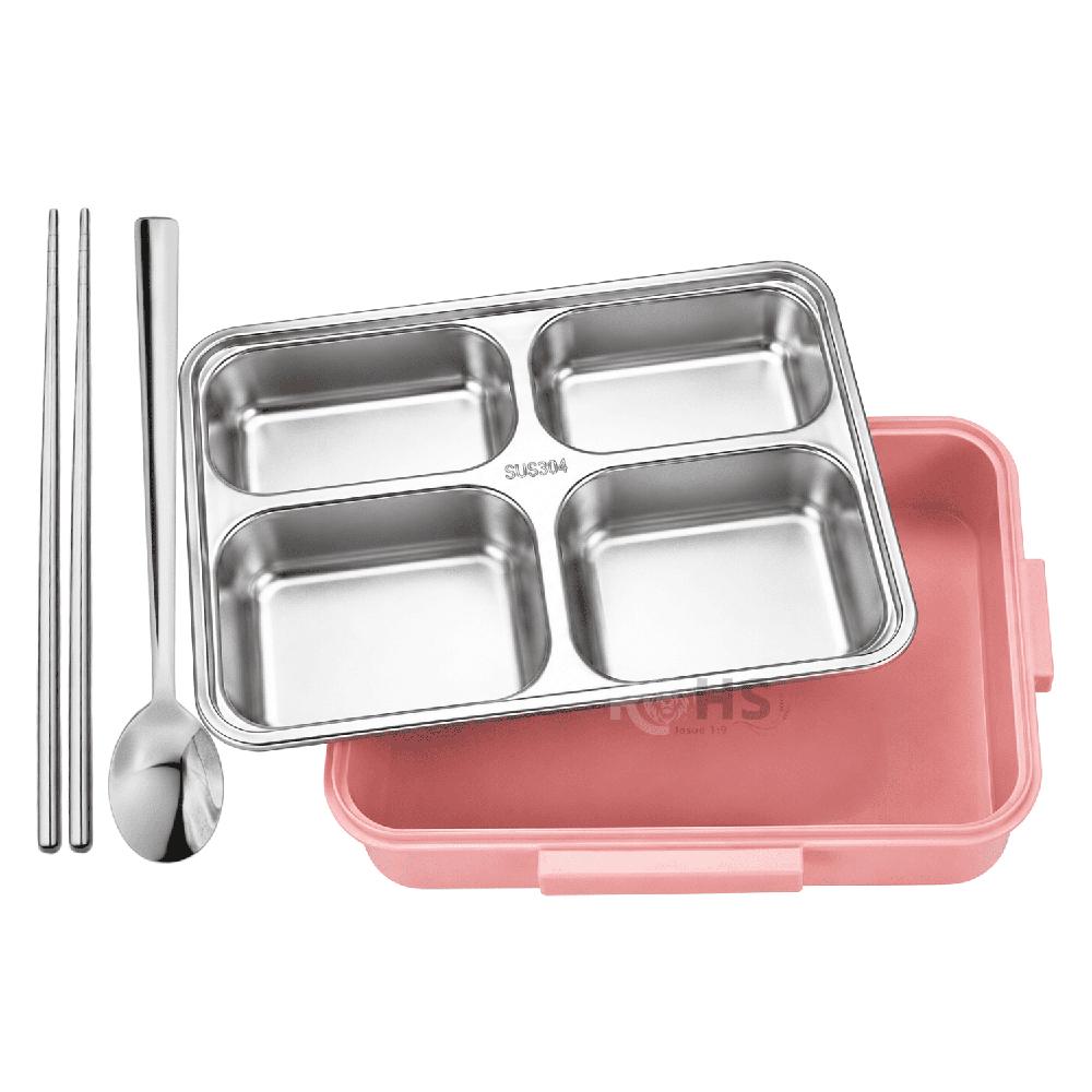 Tupper De Acero Inoxidable Con Cuchara Y Dos Palitos Compartimentados Rosa