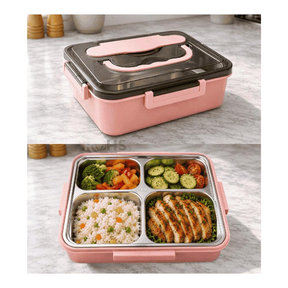Tupper De Acero Inoxidable Con Cuchara Y Dos Palitos Compartimentados Rosa