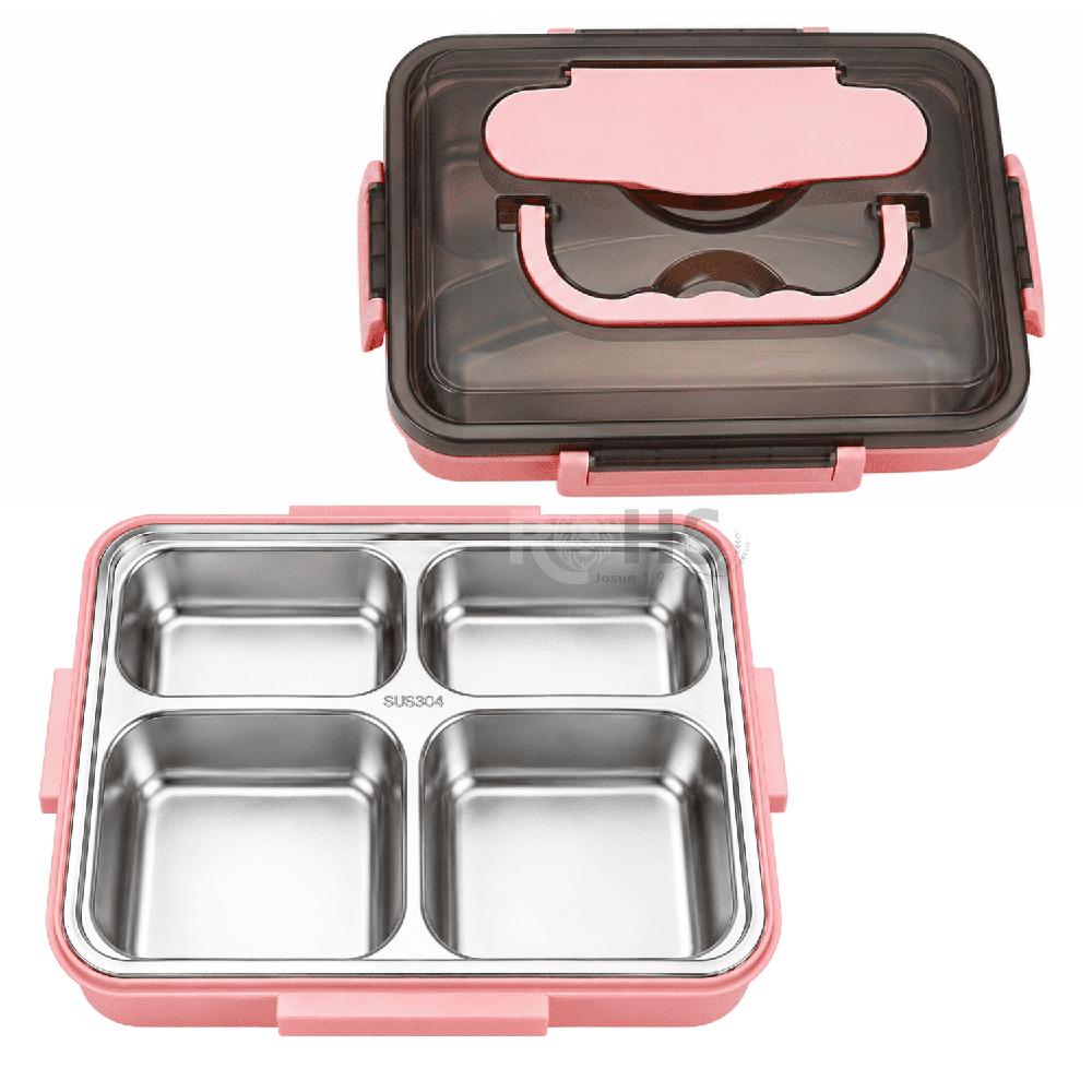 Tupper De Acero Inoxidable Rosa Con Cuchara Y Dos Palitos Compartimentados