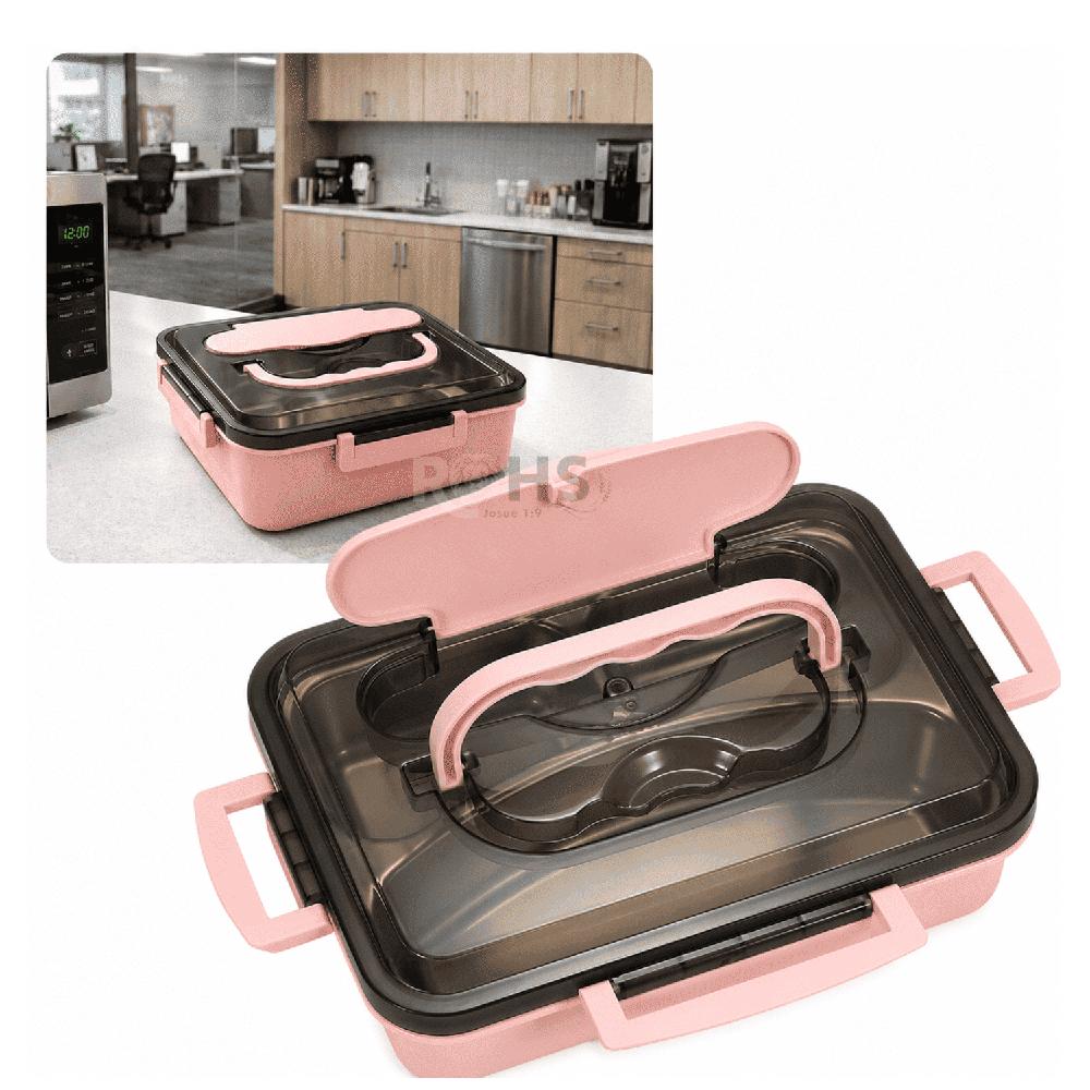 Tupper De Acero Inoxidable Con Cuchara Y Dos Palitos Compartimentados Rosa