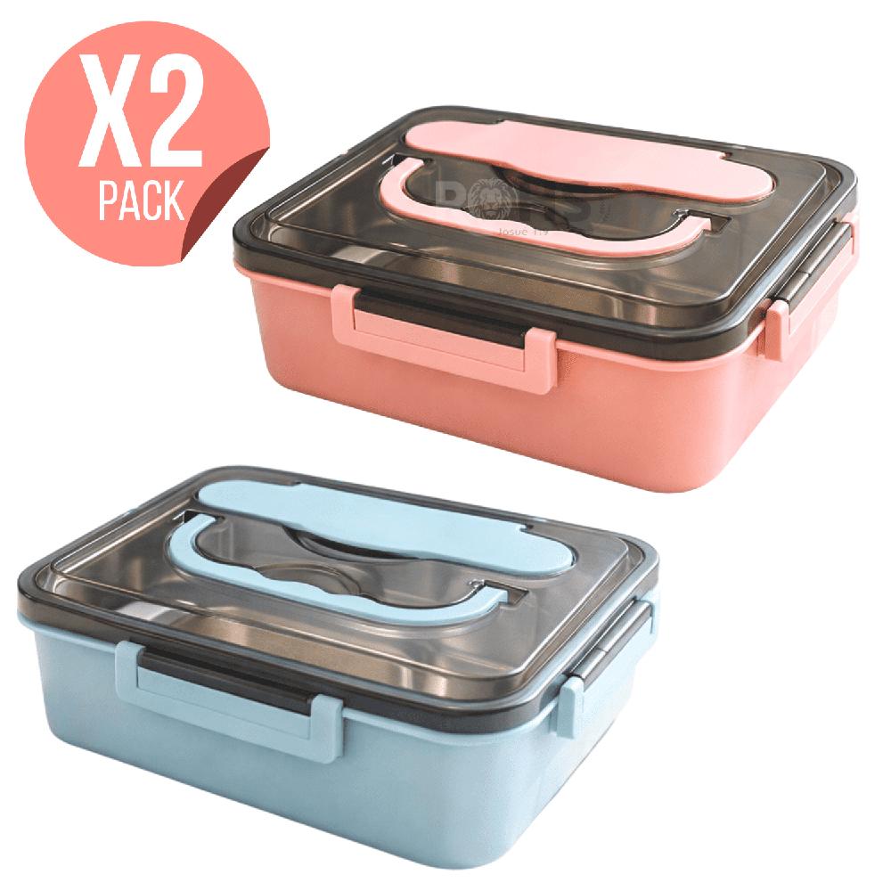 Pack X2 Tupper De Acero Inoxidable Con Compartimientos Cuchara Y Palitos