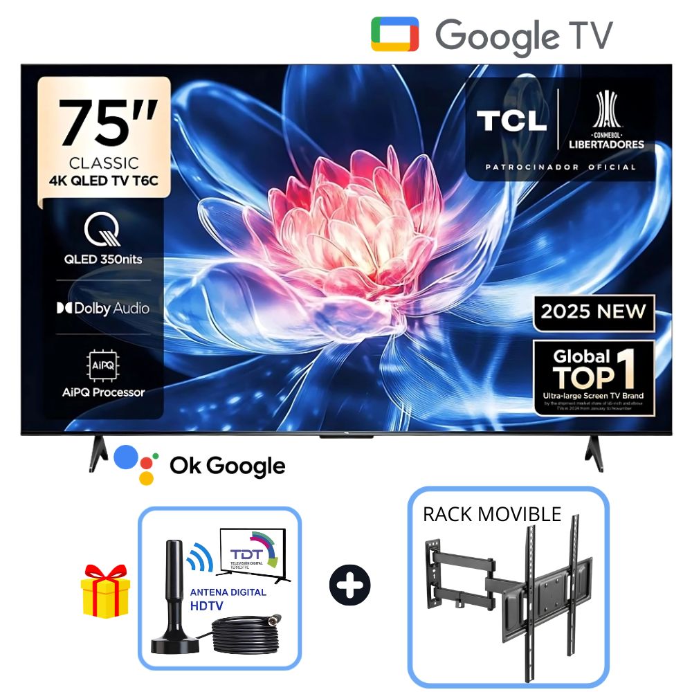 Televisor TCL QLED 75 UHD 4K Smart TV 75T6C  GOOGLE - RACK MOVIBLE