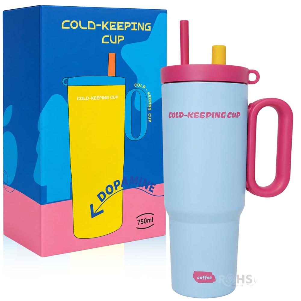 Vaso Térmico Celeste Y Rosa De Acero Inoxidable Con Sorbete E Infusor