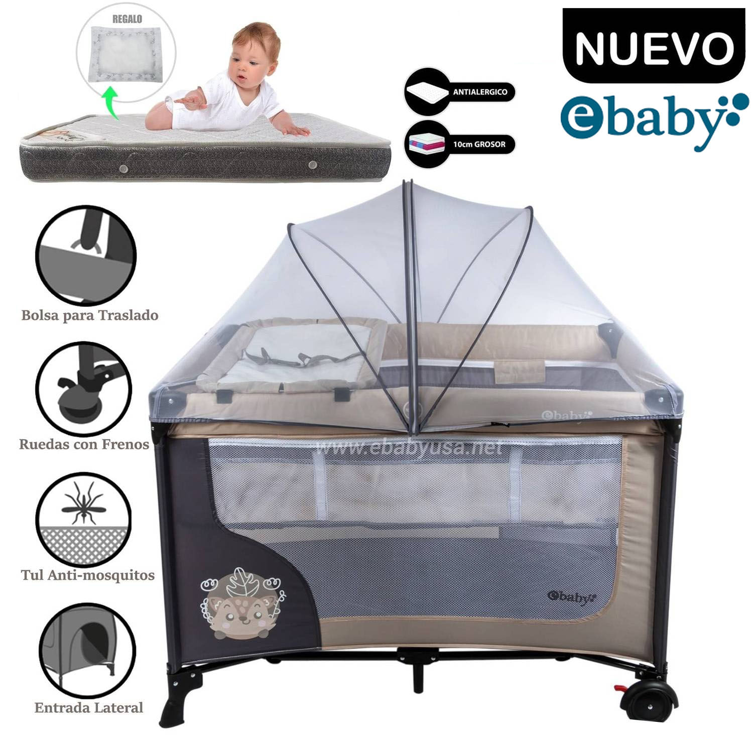 Cuna Corral Ebaby Con Cambiador Happy Dream Beige y Colchón