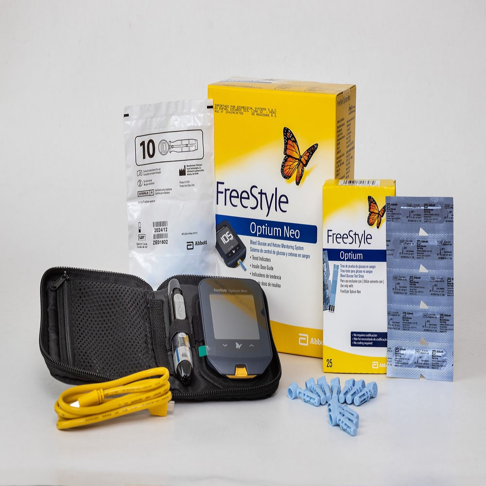 Kit Glucometro Abbott FreeStyle Optium Neo y Tiras Reactivas Caja x25 Unidades