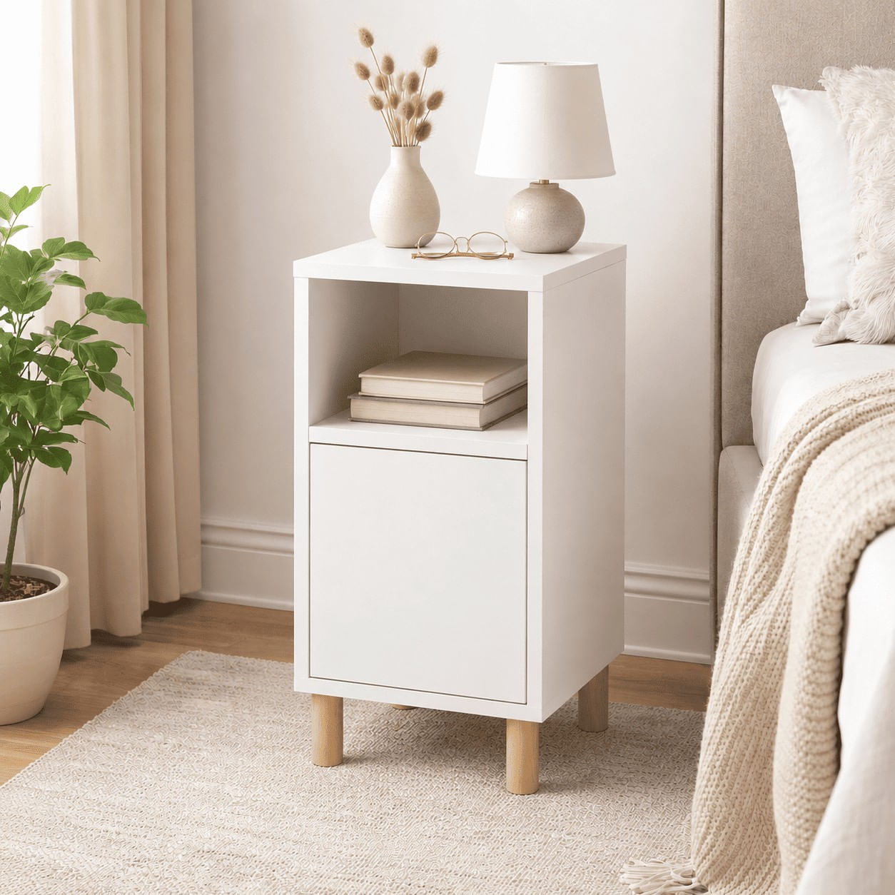 Velador Mesa De Noche Melamine Nórdico Blanco Con Patas - Muebleo.pe