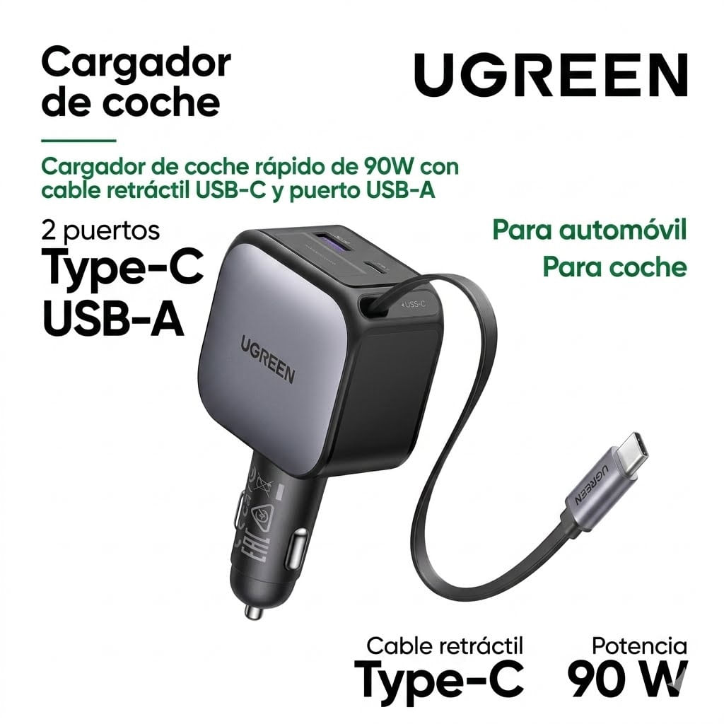Cargador Auto 90W EC603 Cable USB-C Cable Retráctil