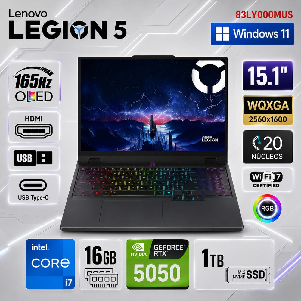 Laptop Gamer Lenovo Legion 5 15IRX10 i7-14700HX 16GB RAM 1TB SSD RTX 5050 8GB 15.1 OLED 83LY000MUS