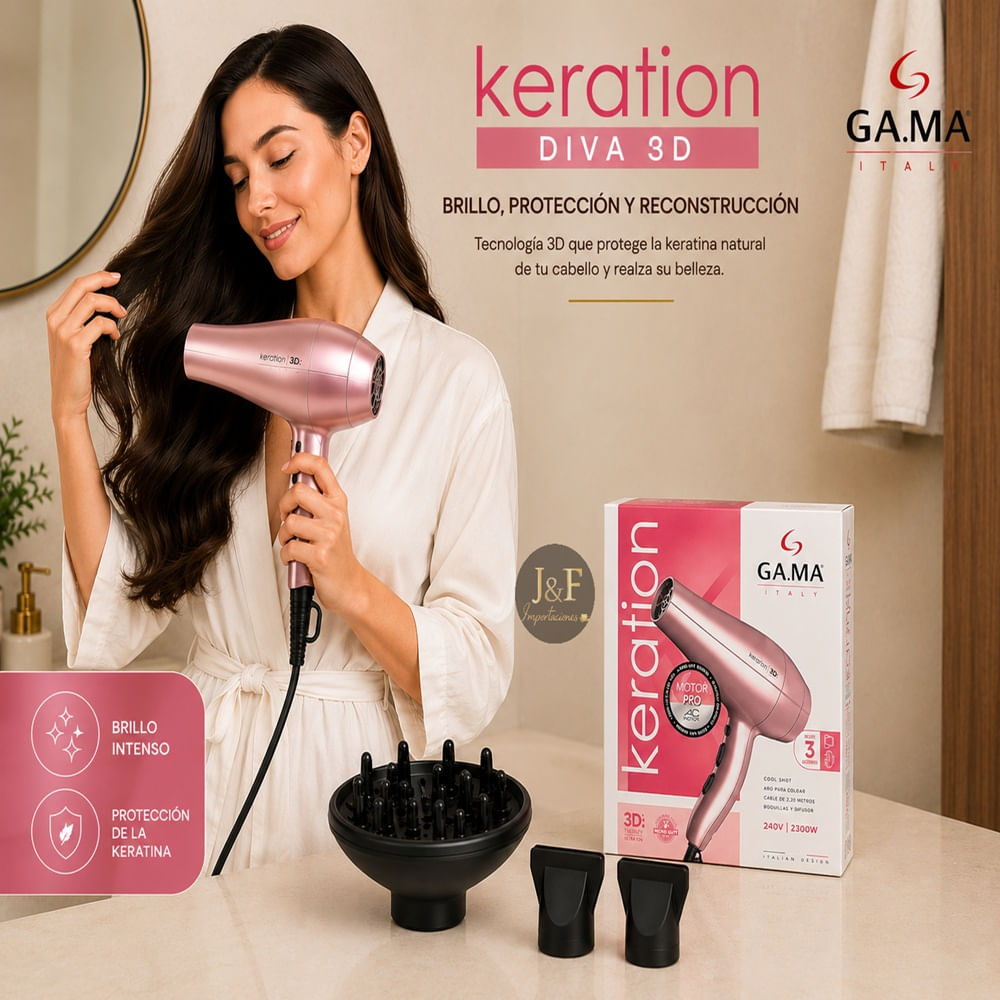 SECADORA DE CABELLO GA.MA DIVA 3D KERATION DE 2300W 220V MOTOR AC DIFUSOR Y 2 BOQUILLAS