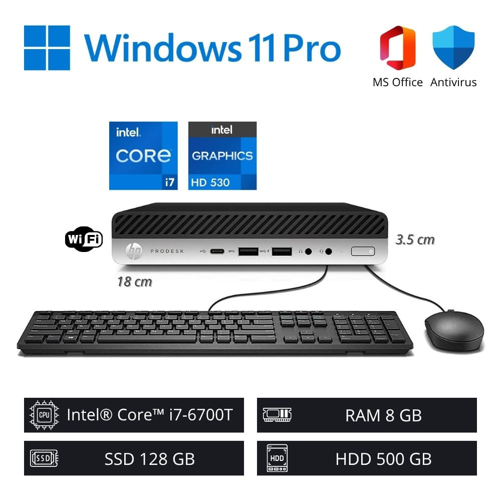 Computadora PC HP Mini Intel Core i7-6700T 3.60GHz 8GB RAM 128GB SSD 500GB HDD WiFi | Refurbished