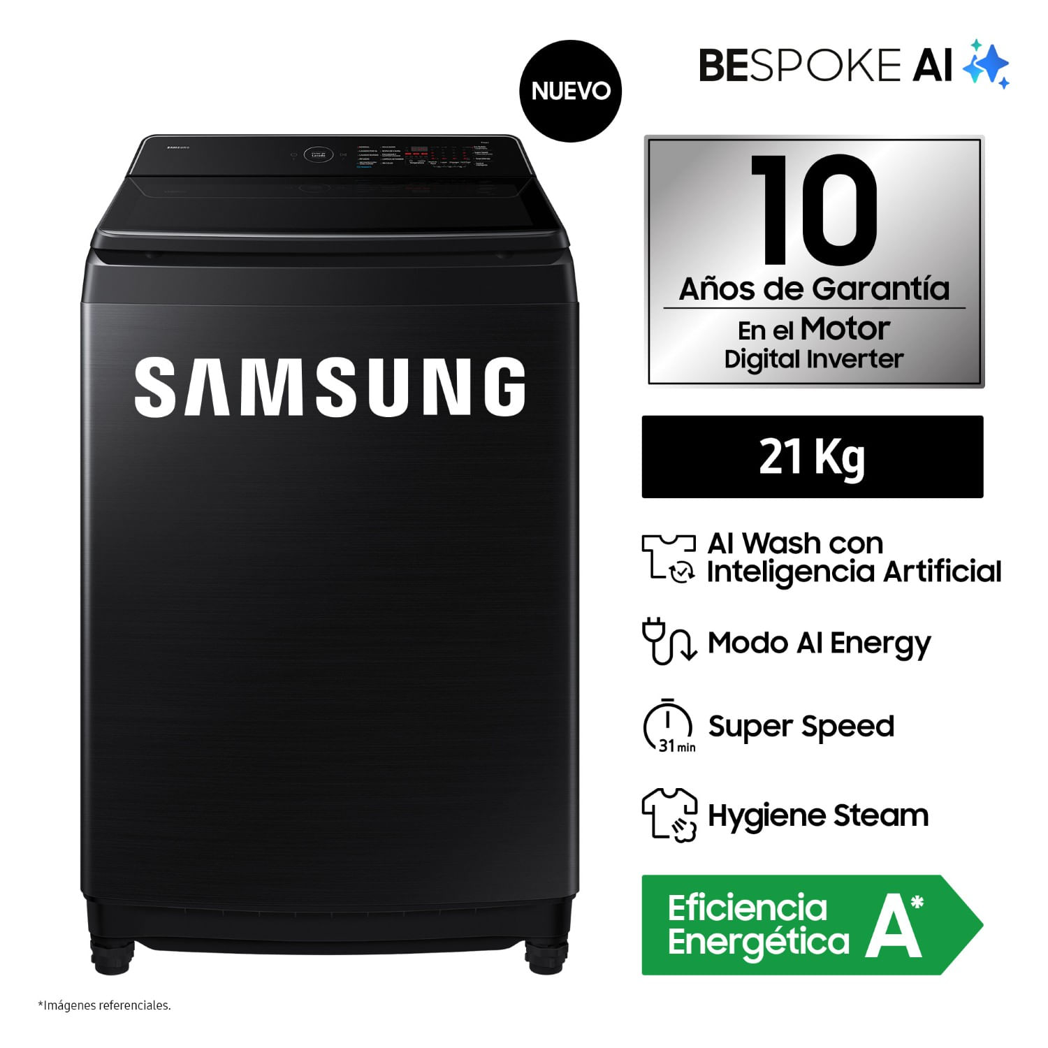 Lavadora Samsung AI Wash EcoBubble™ 21kg Negra WA80F21B9BPE