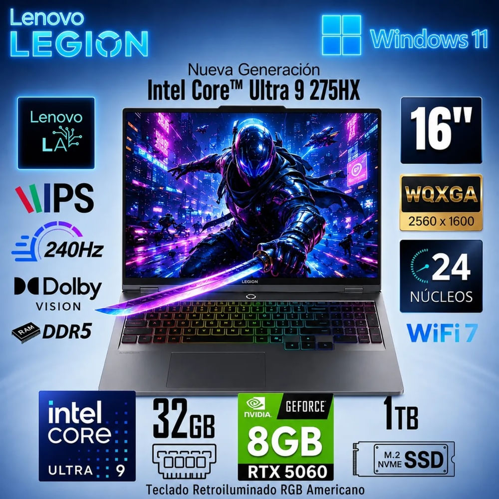 Laptop Gamer Lenovo Legion 5 Core Ultra 9 275HX 32GB RAM 1TB SSD RTX 5060 8GB 16 WQXGA 83NX0000US