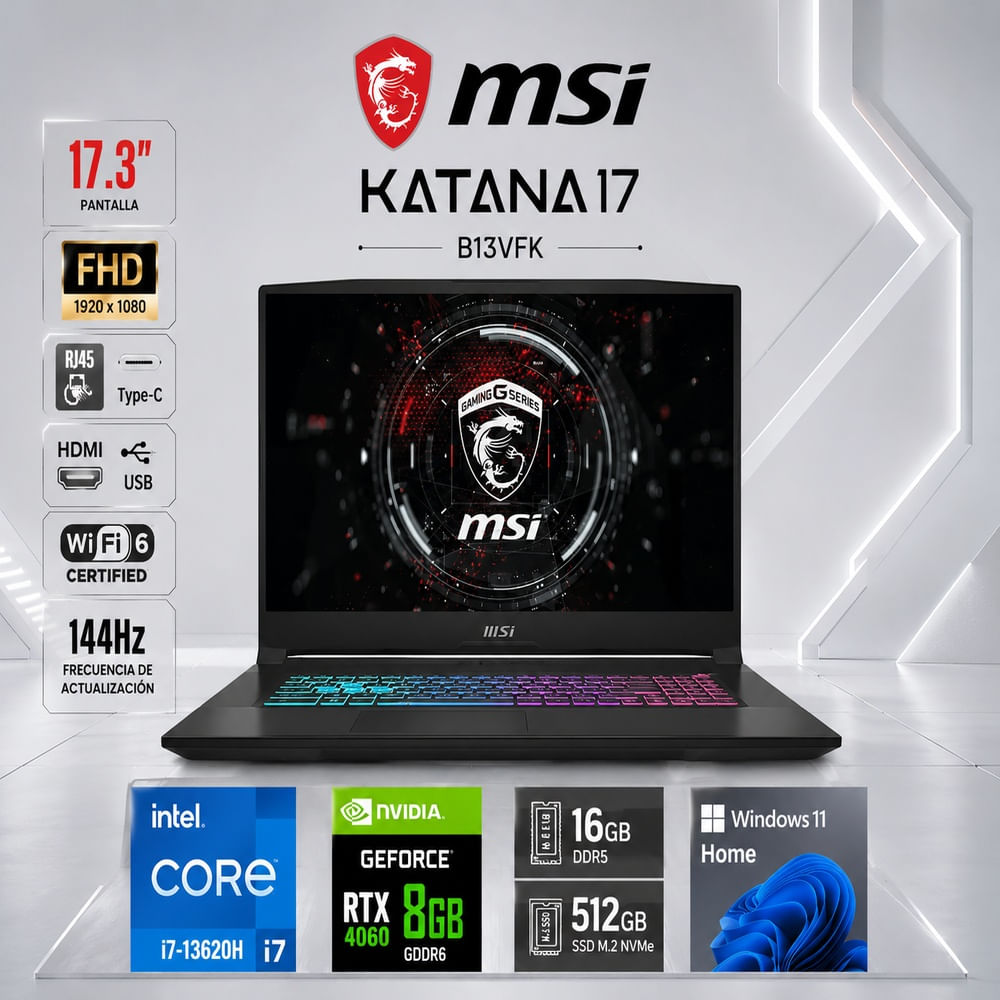 Laptop Gamer MSI Katana 17 i7-13620H 16GB RAM 512GB SSD RTX 4060 8GB 17.3 FHD 144Hz B13VFK-1293PE