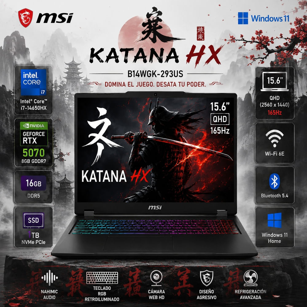 Laptop Gamer MSI Katana 15 HX Core i7-14650HX 16GB DDR5 1TB SSD RTX 5070 15.6 165Hz B14WGK-293US