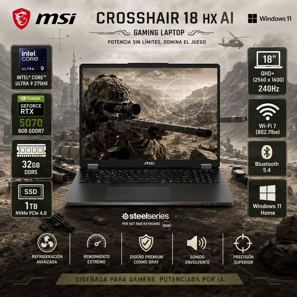 Laptop Gamer MSI Crosshair 18 HX AI Core Ultra 9 275HX 32GB 1TB SSD RTX 5070 18  240Hz 2XWGKG-012US