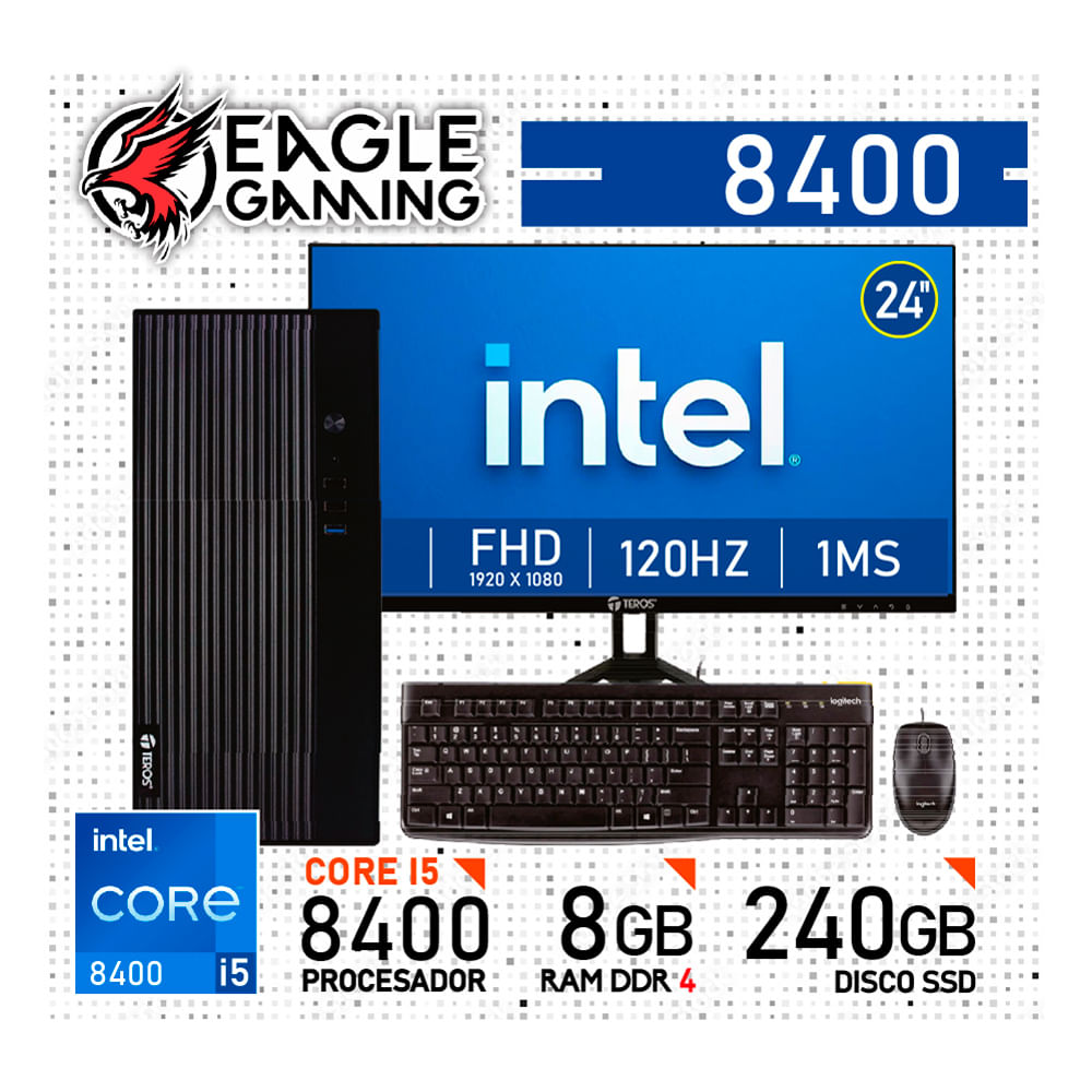 COMPUTADORA PC INTEL CORE i5 8400 - 8 GB RAM DDR4 - 240GB SSD - Monitor 24 inches con KIT LOGITECH