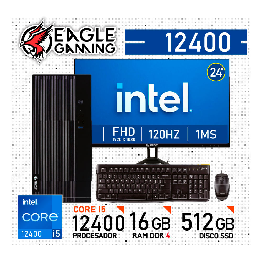 COMPUTADORA PC INTEL CORE i5 12400 - 16 GB RAM DDR4 - 512GB SSD - Monitor 24 inch con KIT LOGITECH