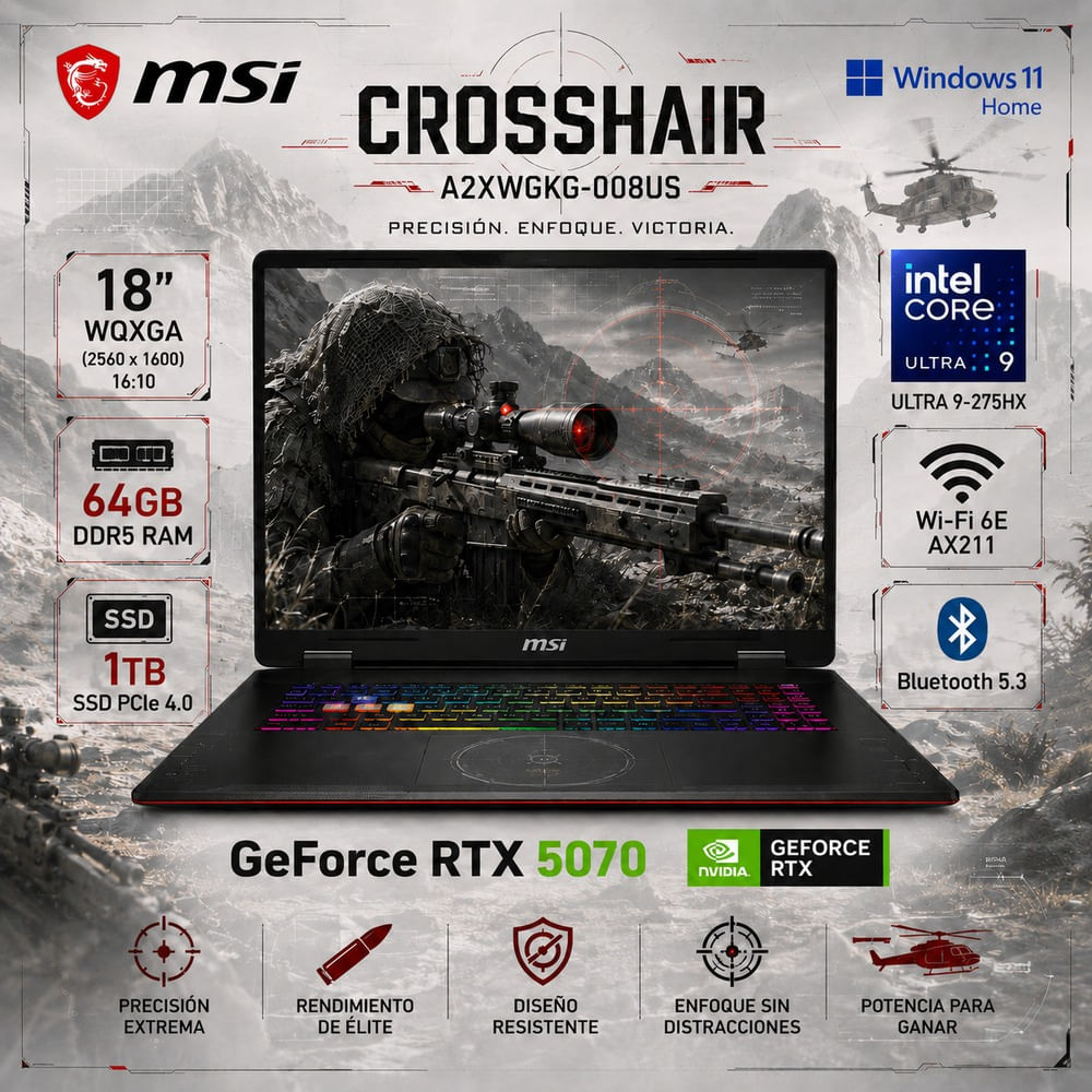 Laptop Gamer MSI Crosshair 18 HX AI Core Ultra 9 275HX 64GB 1TB RTX 5070 18  240Hz A2XWGKG-008US