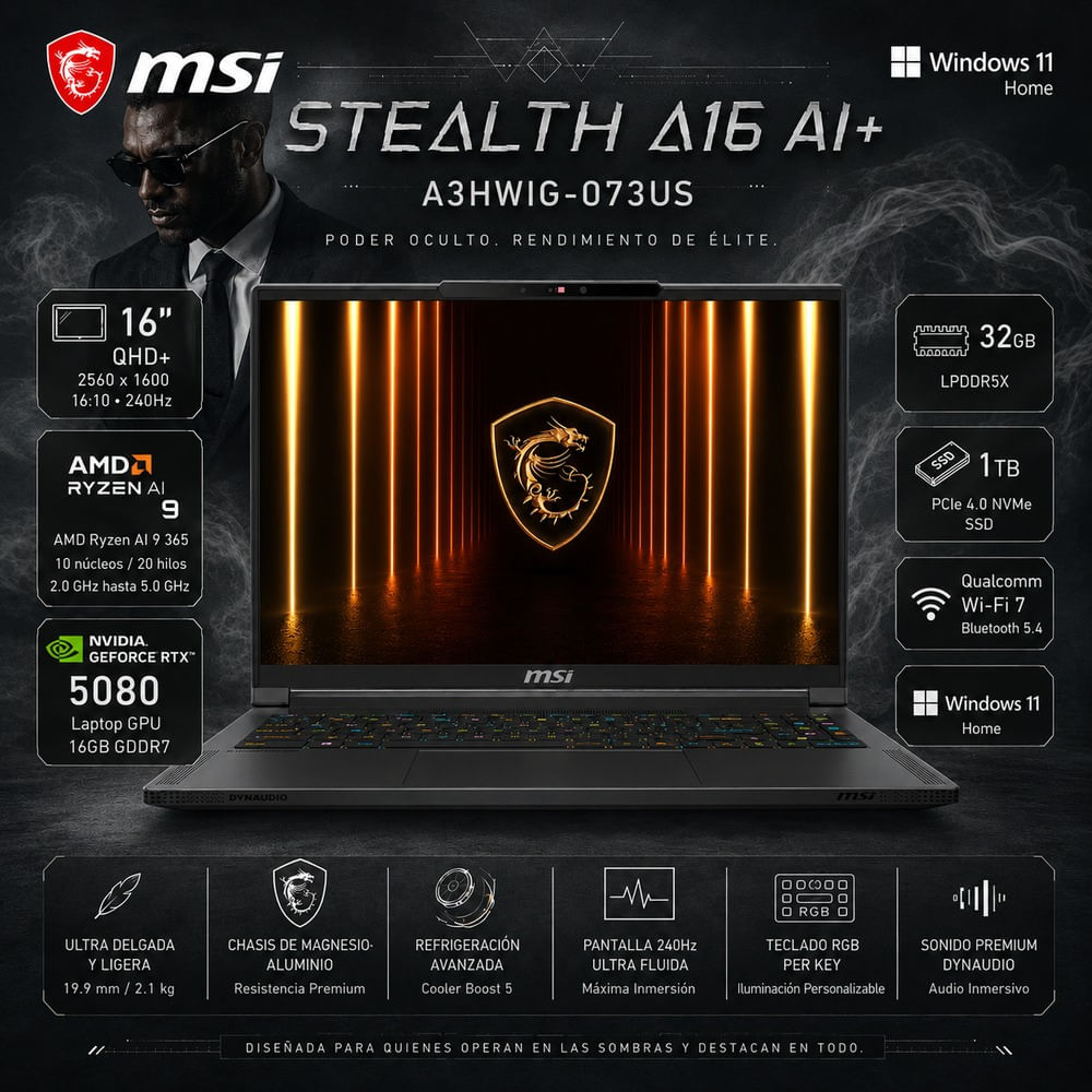Laptop Gamer MSI Stealth A16 AI  Ryzen AI 9 365 32GB 1TB SSD RTX 5080 16 OLED 240Hz A3HWIG-073US