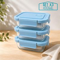 Taper Hermético de Vidrio para Snacks 410ml Pack 3 Celeste