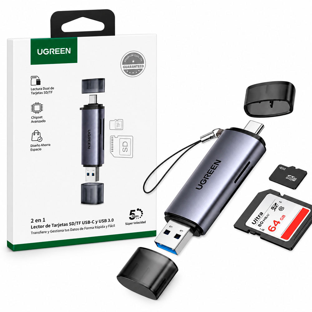 Lector de Tarjetas Ugreen CM185 Dual SD TF USB-C y USB 3.0 5Gbps