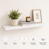 Repisa Flotante Recta Blanca 60x20 cm de Melamina para Sala Dormitorio Oficina