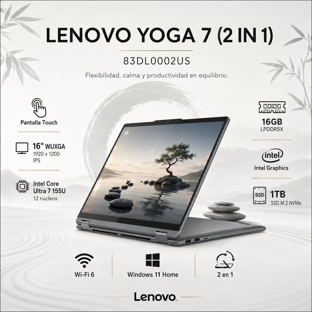 Laptop Lenovo Yoga 7 16IML9 2 en 1 Core Ultra 7 155U 16GB RAM 1TB SSD 16  WUXGA Táctil 83DL0002US