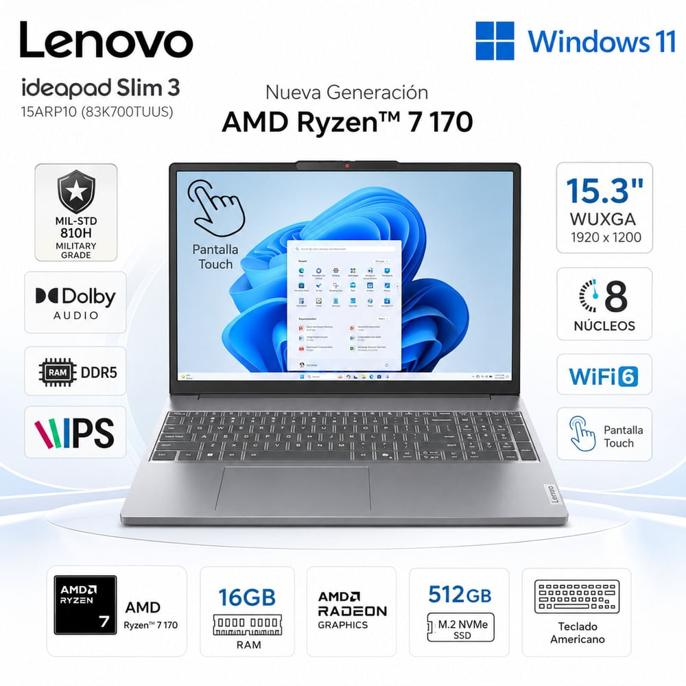 Laptop Lenovo IdeaPad Slim 3 15ARP10 Ryzen 7 170 16GB RAM 512GB SSD 15.3 WUXGA Táctil 83K700TUUS